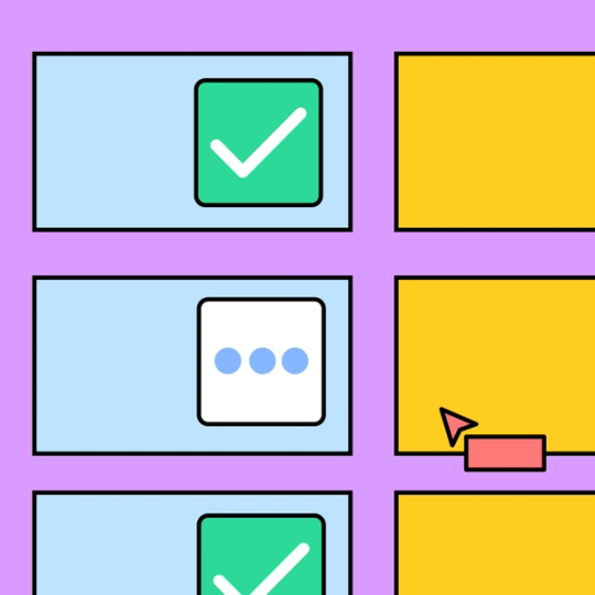 rectangles indicating various project stages with a green check mark or in progress icon