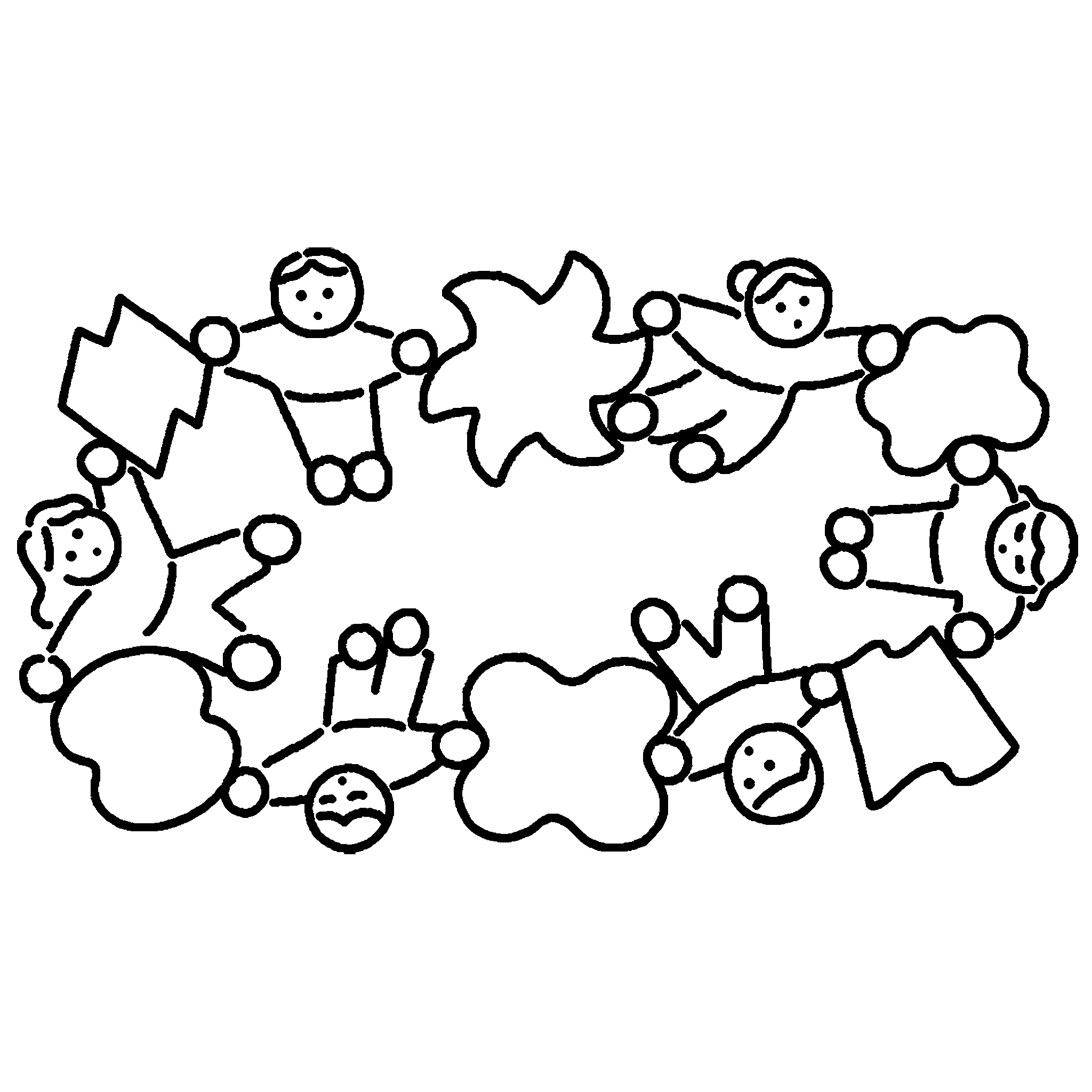 A black and white illustration shows a circle of people interspersed with organic shapes.