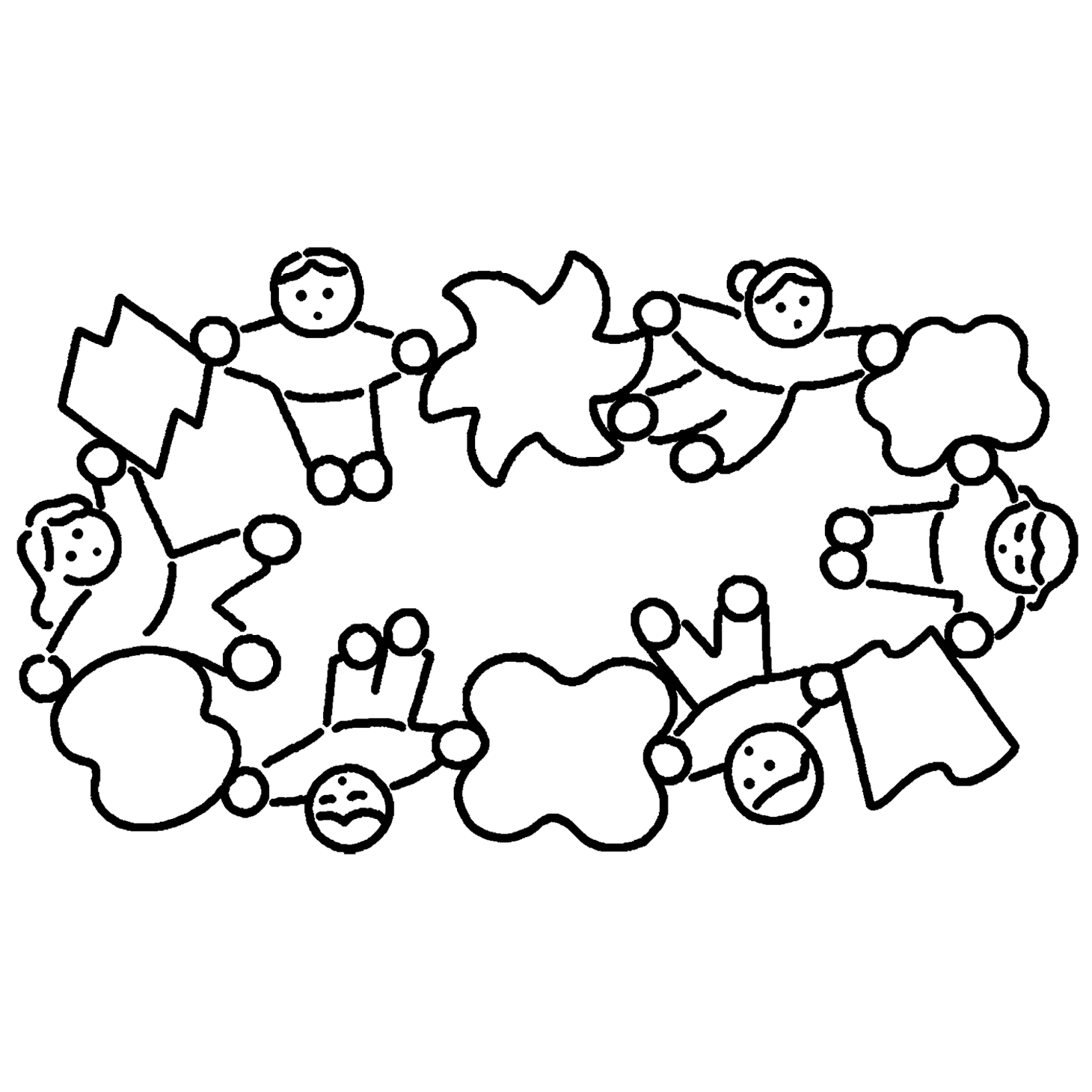 A black and white illustration shows a circle of people interspersed with organic shapes.