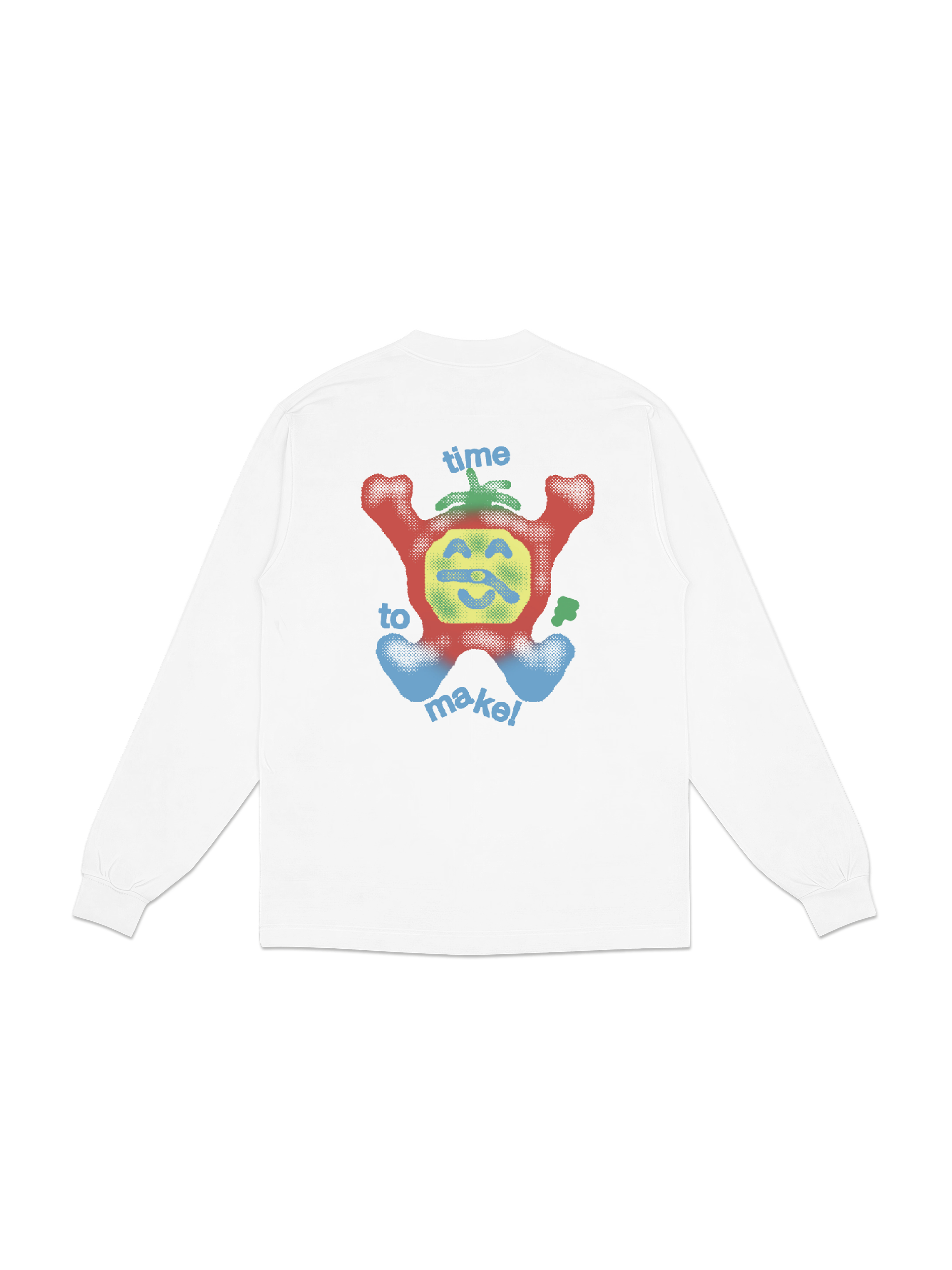 A colorful tomato character with arms raised and the text "time to make!" printed on the back of a white long sleeve t-shirt