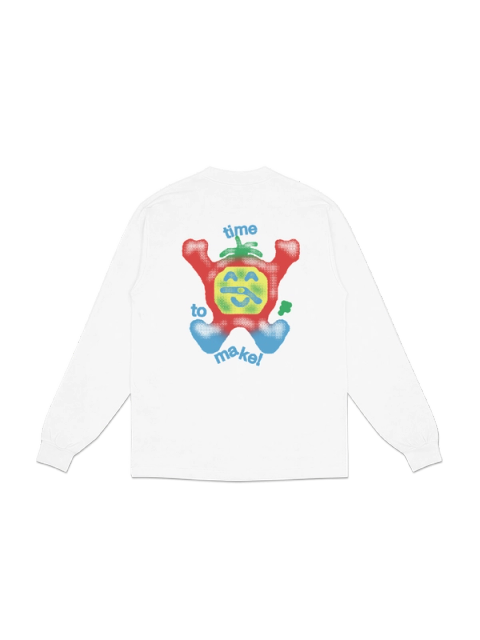 A colorful tomato character with arms raised and the text "time to make!" printed on the back of a white long sleeve t-shirt