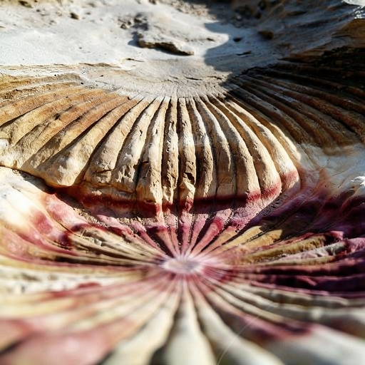 An AI-generated image of a flower shape formed from pale, striated rock layers with dusty pink and burgundy tones against a sandy surface.