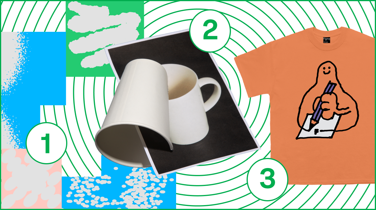 1) Abstract graphic 2) a paper cup intersects with a photo of a mug 3) an orange T-shirt printed with a character doodling