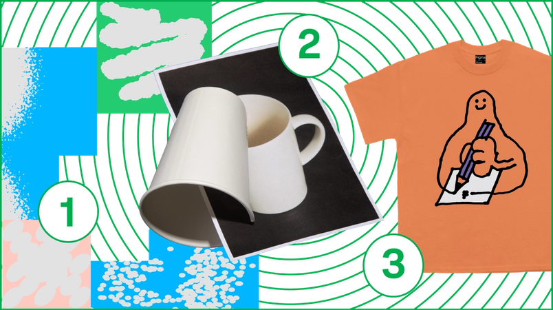 1) Abstract graphic 2) a paper cup intersects with a photo of a mug 3) an orange T-shirt printed with a character doodling