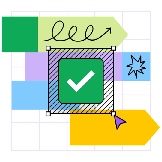 Illustration abstraite d'un planning dans FigJam avec des illustrations de flèches et d'étoiles, des notes colorées sur une grille et une coche verte.