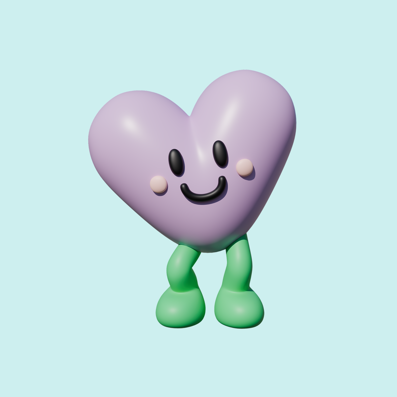 Otto, the cheerful purple heart with green legs, stands happily with a big smile and rosy cheeks.