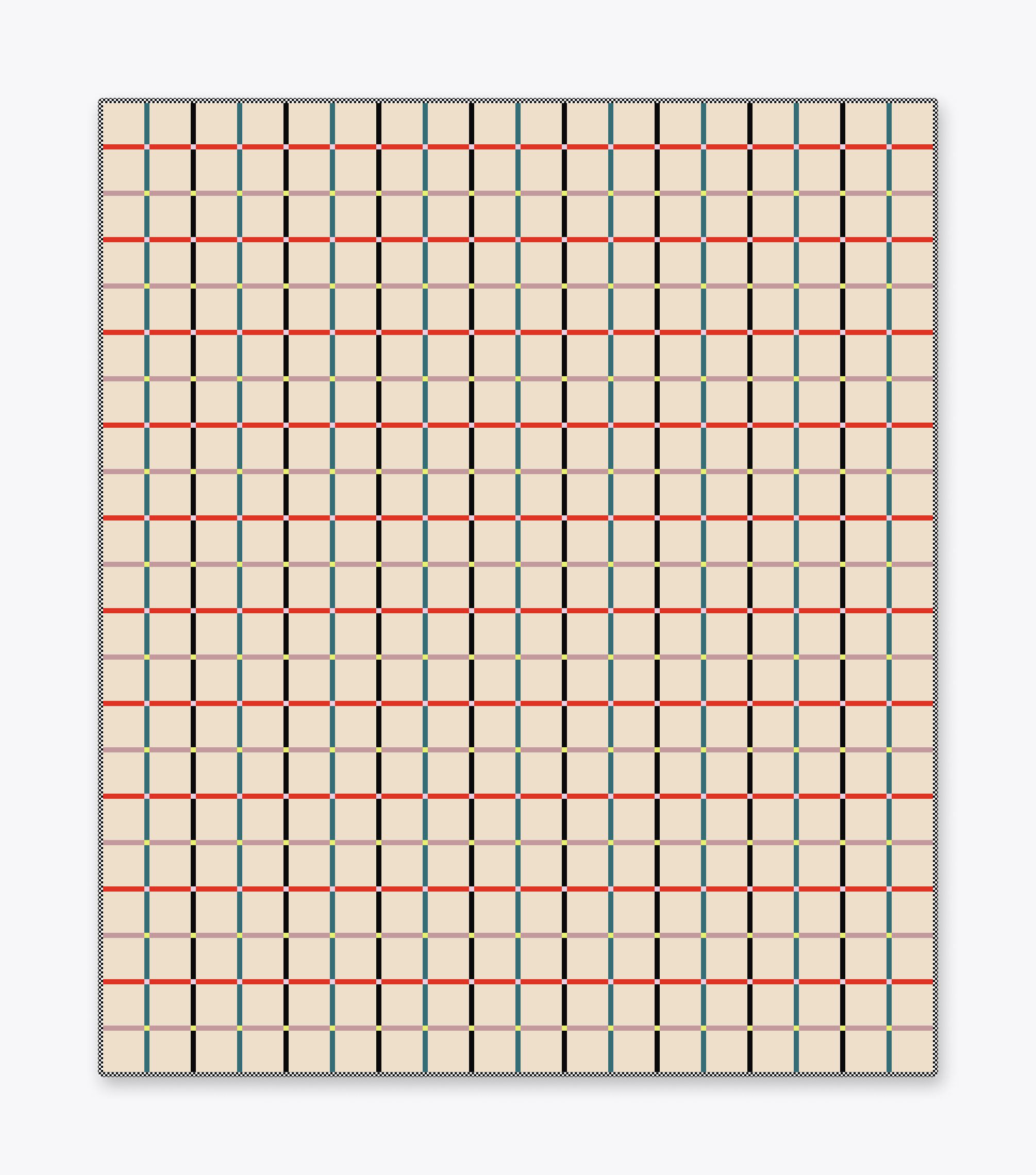 A mockup of a tan quilt with red, black, teal, and pink lines creating a grid.