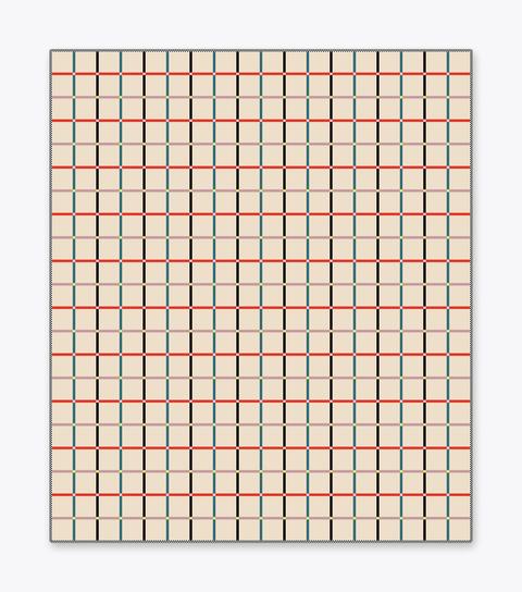A mockup of a tan quilt with red, black, teal, and pink lines creating a grid.