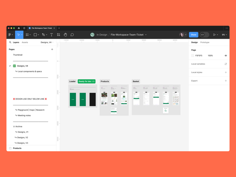 A Figma file showing "Ready for dev"