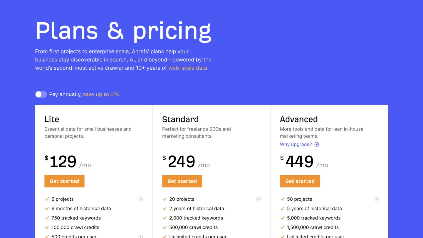 The pricing page on the Ahrefs website.]