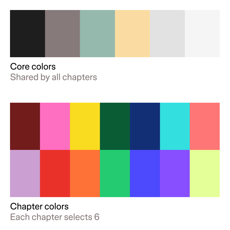Two color palettes showing subdued core colors and vibrant chapter colors