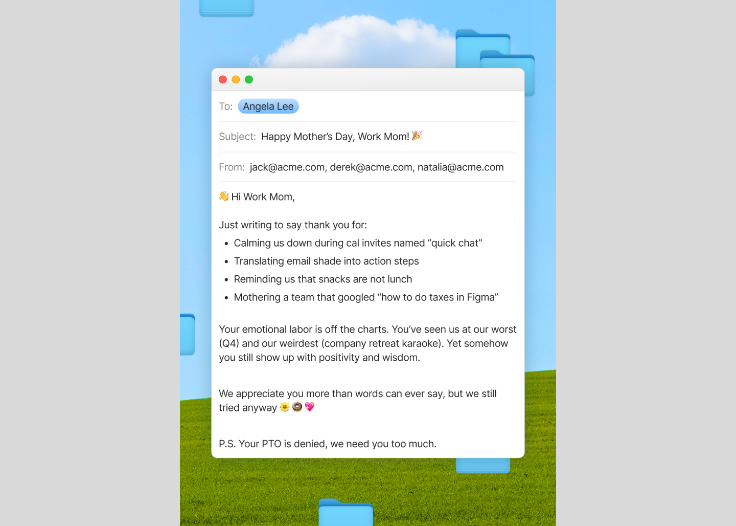 Screenshot of a funny email style thank you card template.