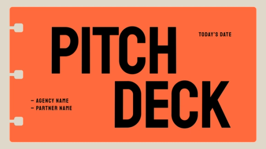 A bold pitch deck cover with an orange background featuring large, black text that reads "PITCH DECK." The design includes a tab-like edge on the left side, mimicking a notebook. Additional text on the bottom left reads "- Agency Name - Partner Name," and "Today's Date" is written in the top right corner. The overall look is modern and professional, designed to make a strong visual impact.