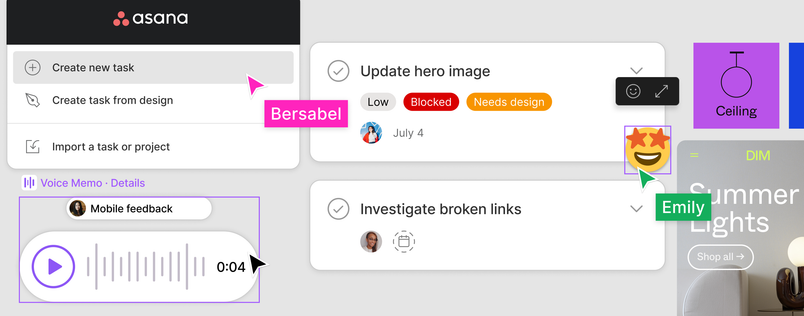 A cursor hovering over a button that says "Create new task," with another cursor reacting with an emoji