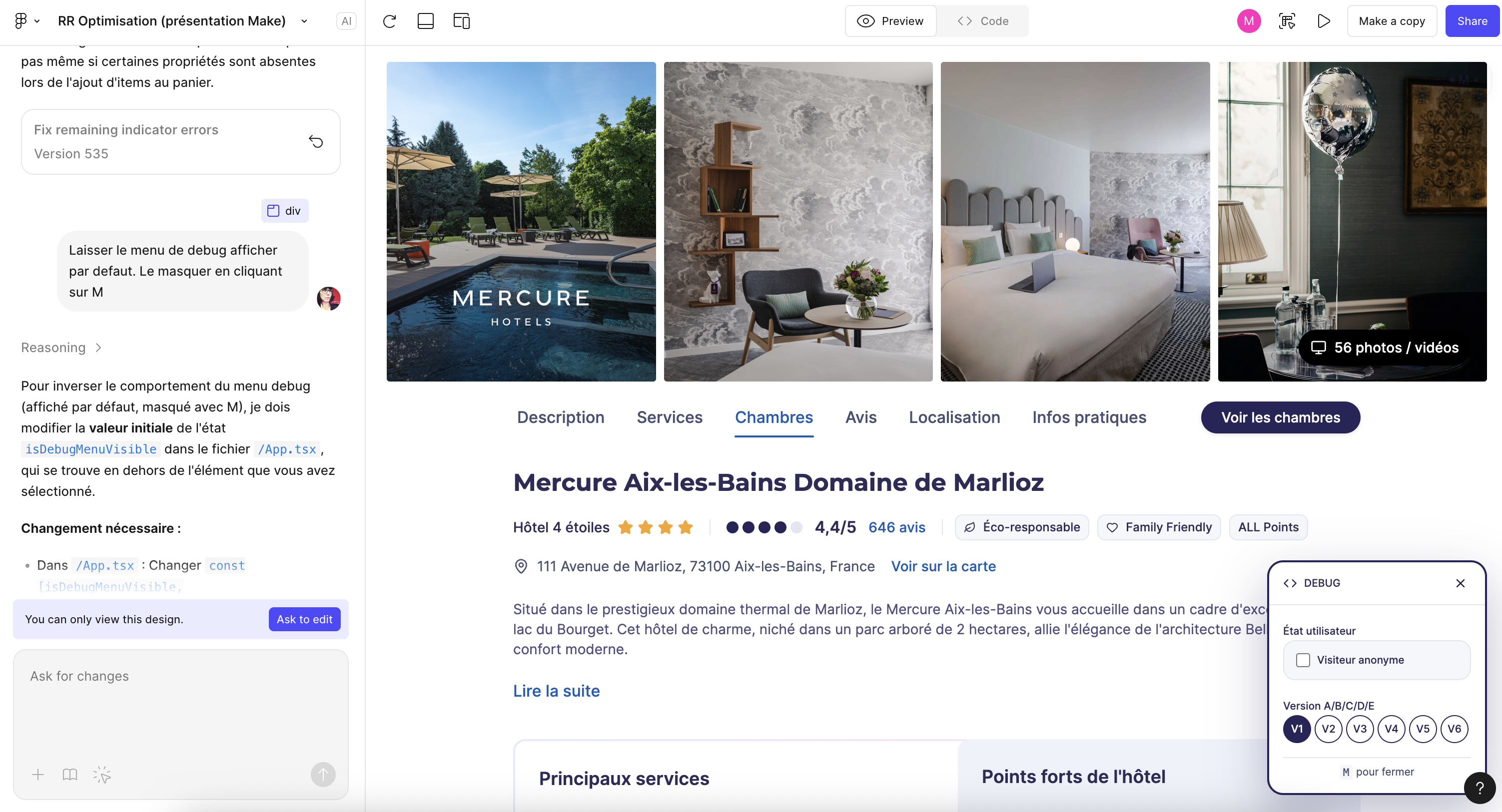 Figma Make-Screenshot, mit einer Hotelseite und dem Dialog-Panel auf der linken Seite. 