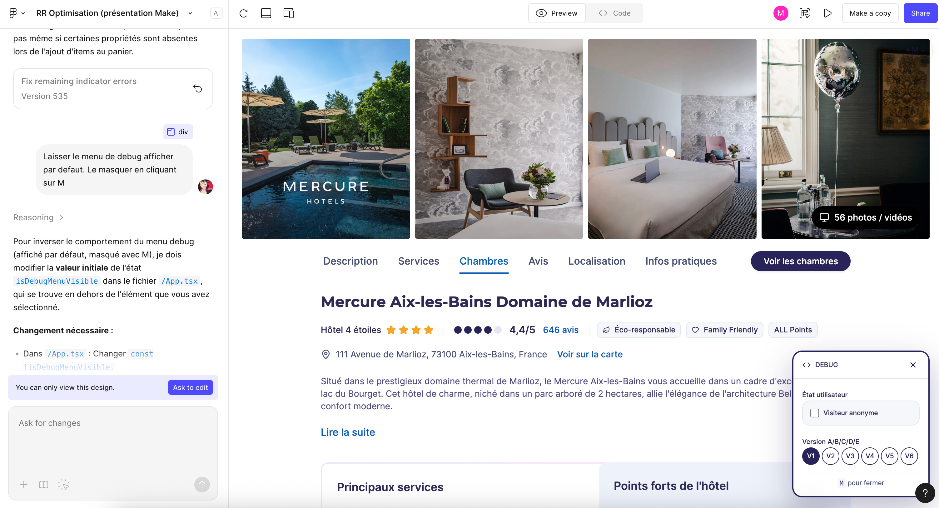 Figma Make-Screenshot, mit einer Hotelseite und dem Dialog-Panel auf der linken Seite.