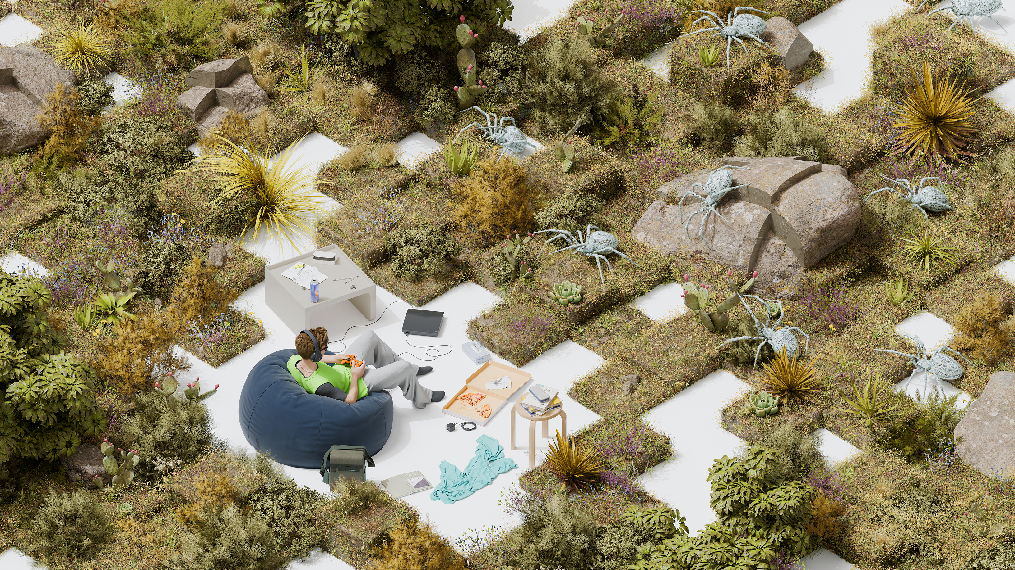 Person sits on beanbag playing video games in a surreal, gridded meadow landscape, facing oversized pale spiders with his furniture and belongings scattered around.