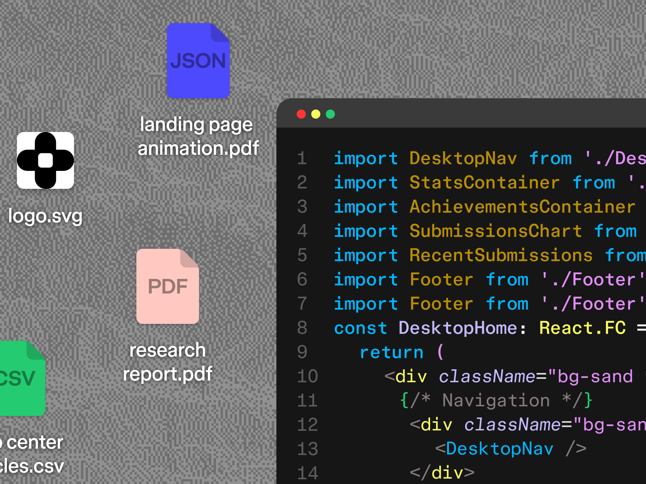 A collection of files including JSON, SVG, and CSV assets shown alongside a code editor with React components.