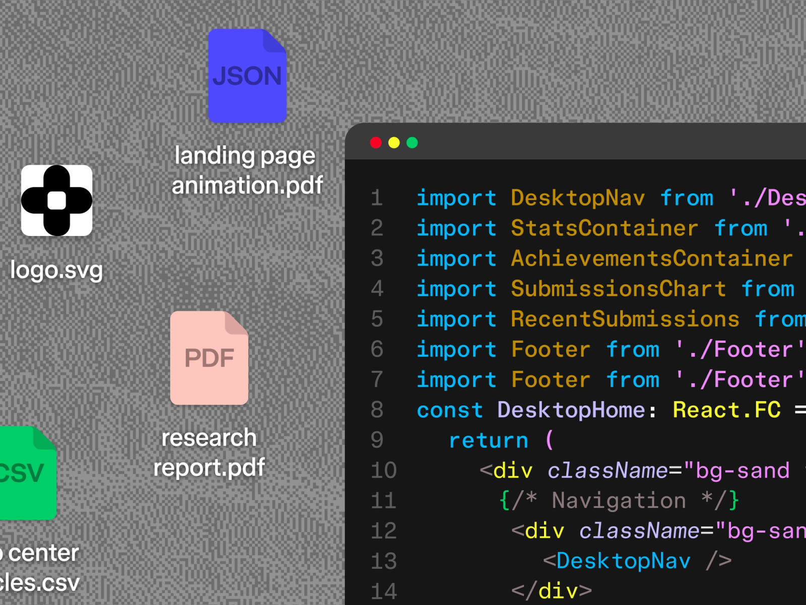 Figma Make attachments 操作介面，JSON、SVG、CSV 檔案與 React 程式碼編輯器