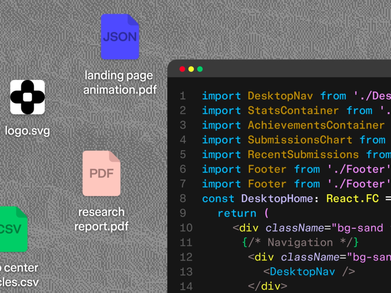 A collection of files including JSON, SVG, and CSV assets shown alongside a code editor with React components.