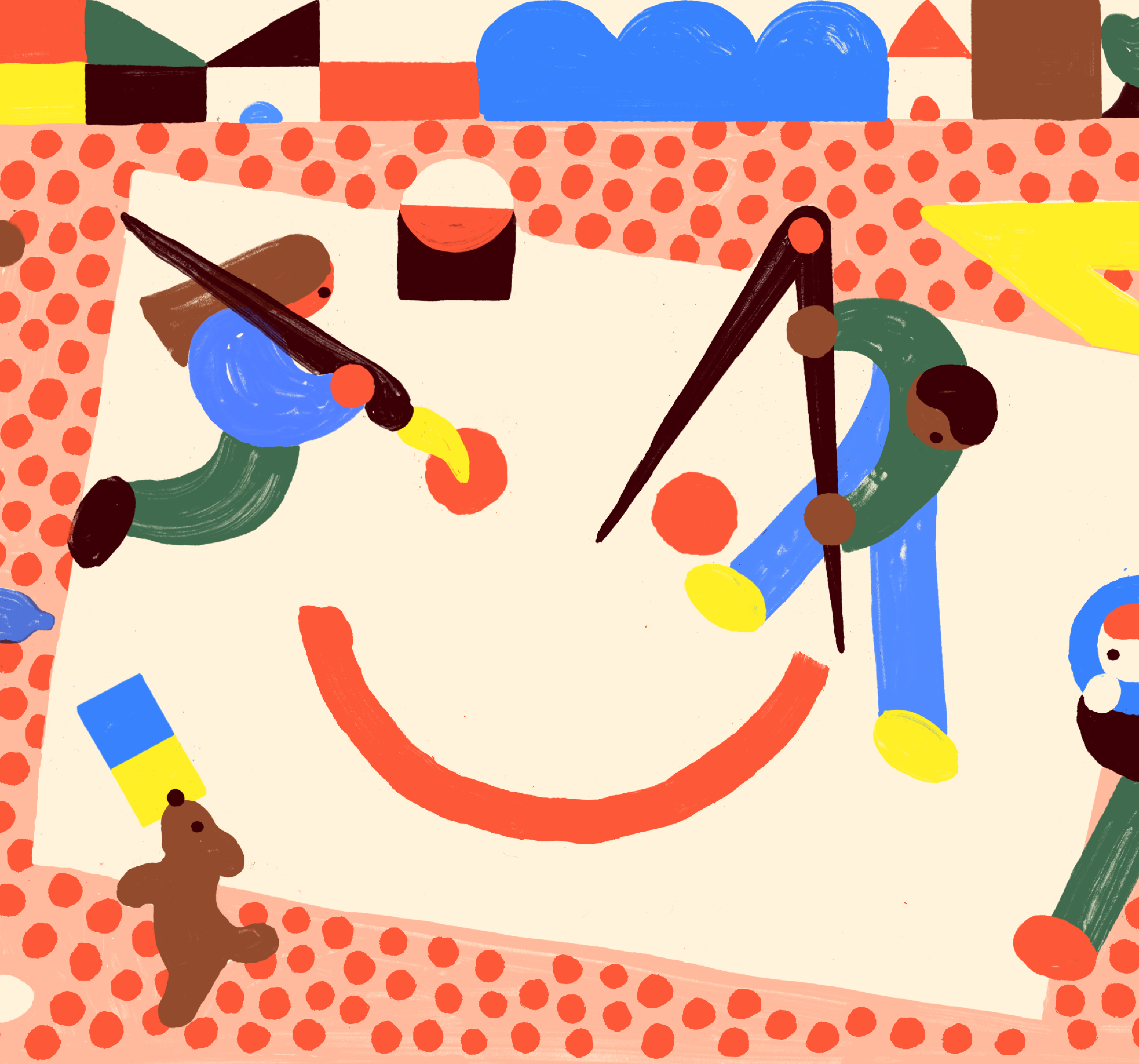 A playful illustration featuring abstract figures interacting with geometric shapes and colors, creating a whimsical scene suggestive of collaboration and creativity.