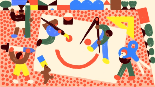 Eine verspielte Illustration mit abstrakten Figuren, die mit geometrischen Formen und Farben interagieren und eine skurrile Szene schaffen, die an Zusammenarbeit und Kreativität erinnert.