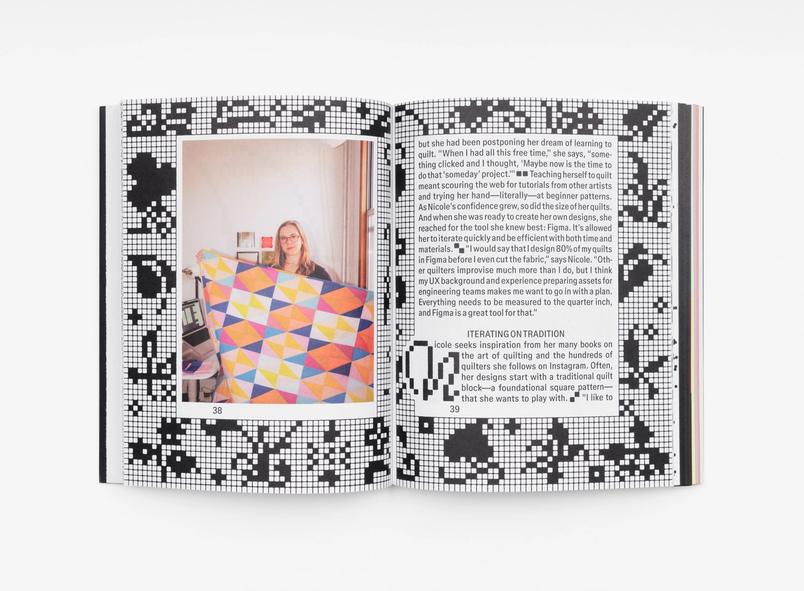 This spread features a woman holding a colorful geometric quilt, accompanied by a personal narrative about learning to quilt using Figma, combining UX design principles with textile craft. The surrounding border mimics a pixel or QR-code aesthetic, blending digital and handmade visuals.