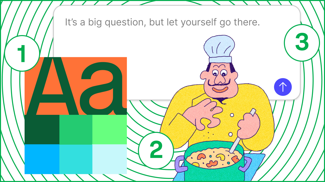 1) Blocky letter As sit on top of a blue-green color grid 2) An illustration of a person in a yellow chef’s jacket and white chef’s hat sprinkling salt into a pot of stew 3) an AI chat box with placeholder text reading, “It’s a big question, but let yourself go there.”