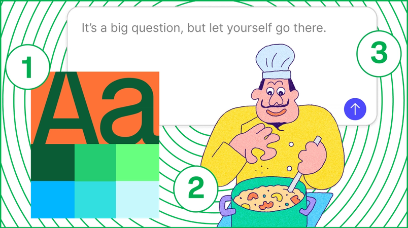1) Blocky letter As sit on top of a blue-green color grid 2) An illustration of a person in a yellow chef’s jacket and white chef’s hat sprinkling salt into a pot of stew 3) an AI chat box with placeholder text reading, “It’s a big question, but let yourself go there.”