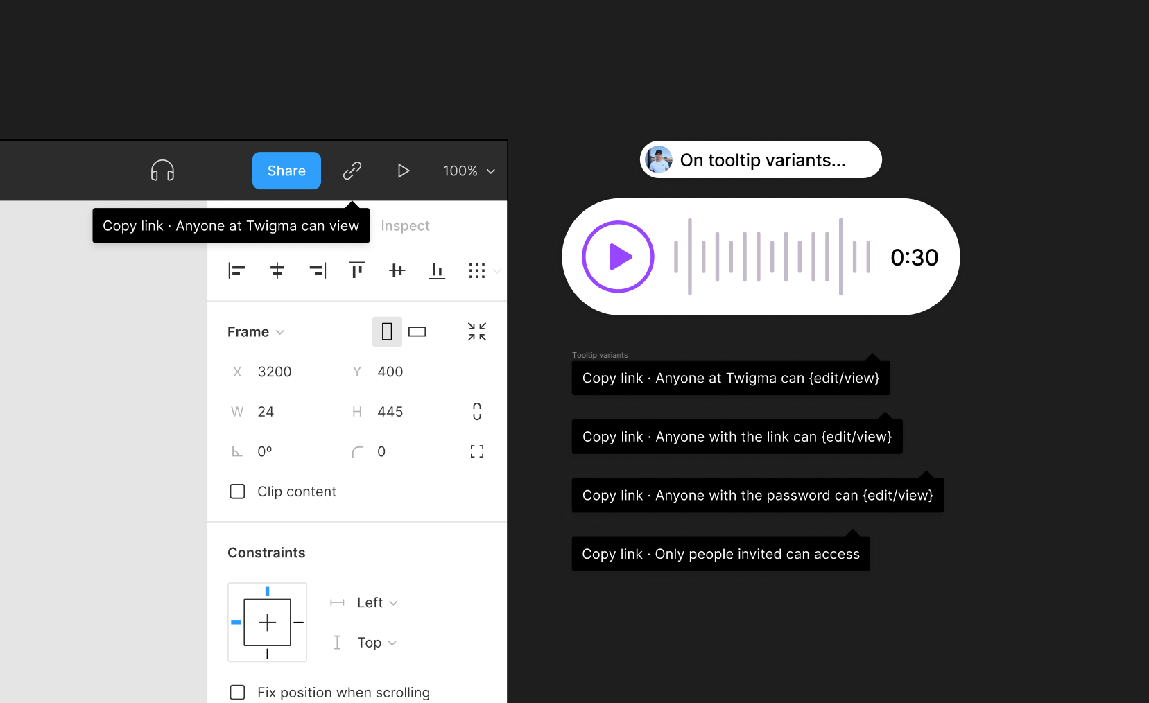 An image of the Figma canvas on the lefthand side, and an audio player on the righthand side.