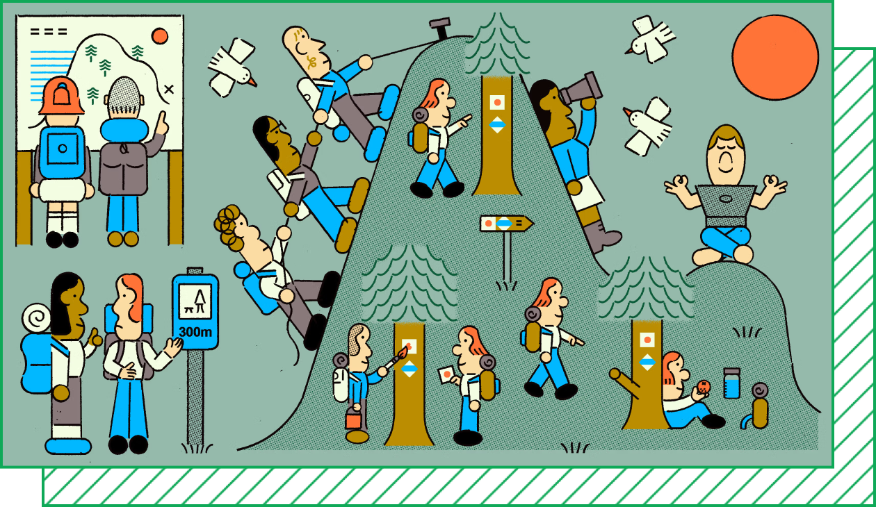 An illustration shows hikers navigating a forested mountain by reading trailmarkers.