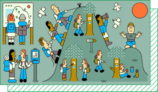 An illustration shows hikers navigating a forested mountain by reading trailmarkers.