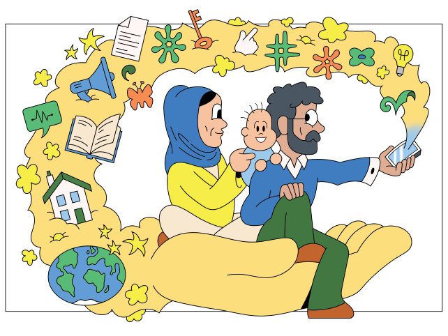An illustration depicts a cheerful family scene set against a green, natural background. A man with glasses and a beard, a woman in a blue headscarf and yellow top, and a smiling baby sit together on a large, supportive hand. The man holds a smartphone, from which colorful symbols and icons, such as a house, globe, book, megaphone, key, hashtag, and lightbulb, flow outward in a swirling pattern. The image conveys a sense of connection, support, and the sharing of ideas and information in a harmonious, family-friendly environment.