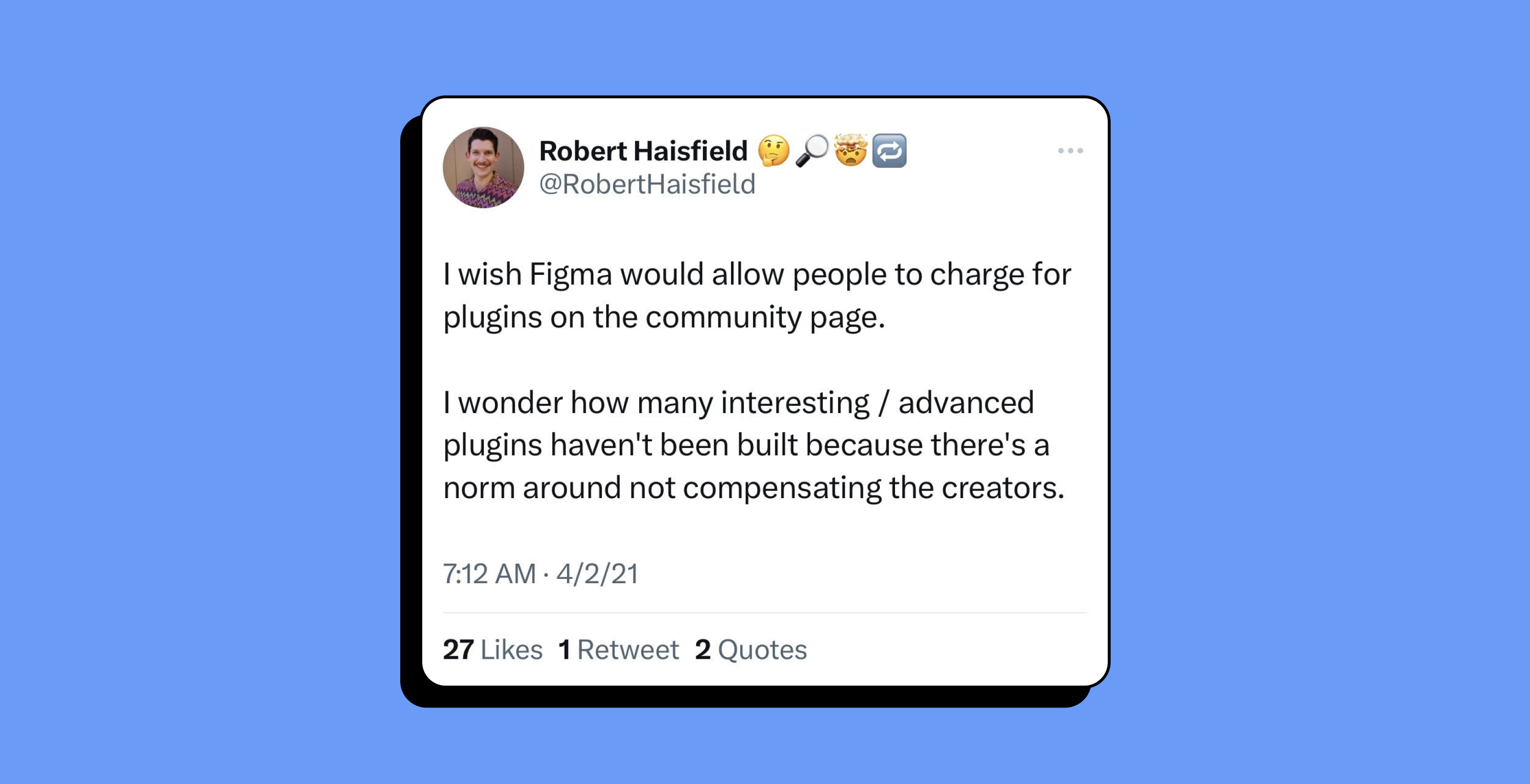 A tweet against a blue background.