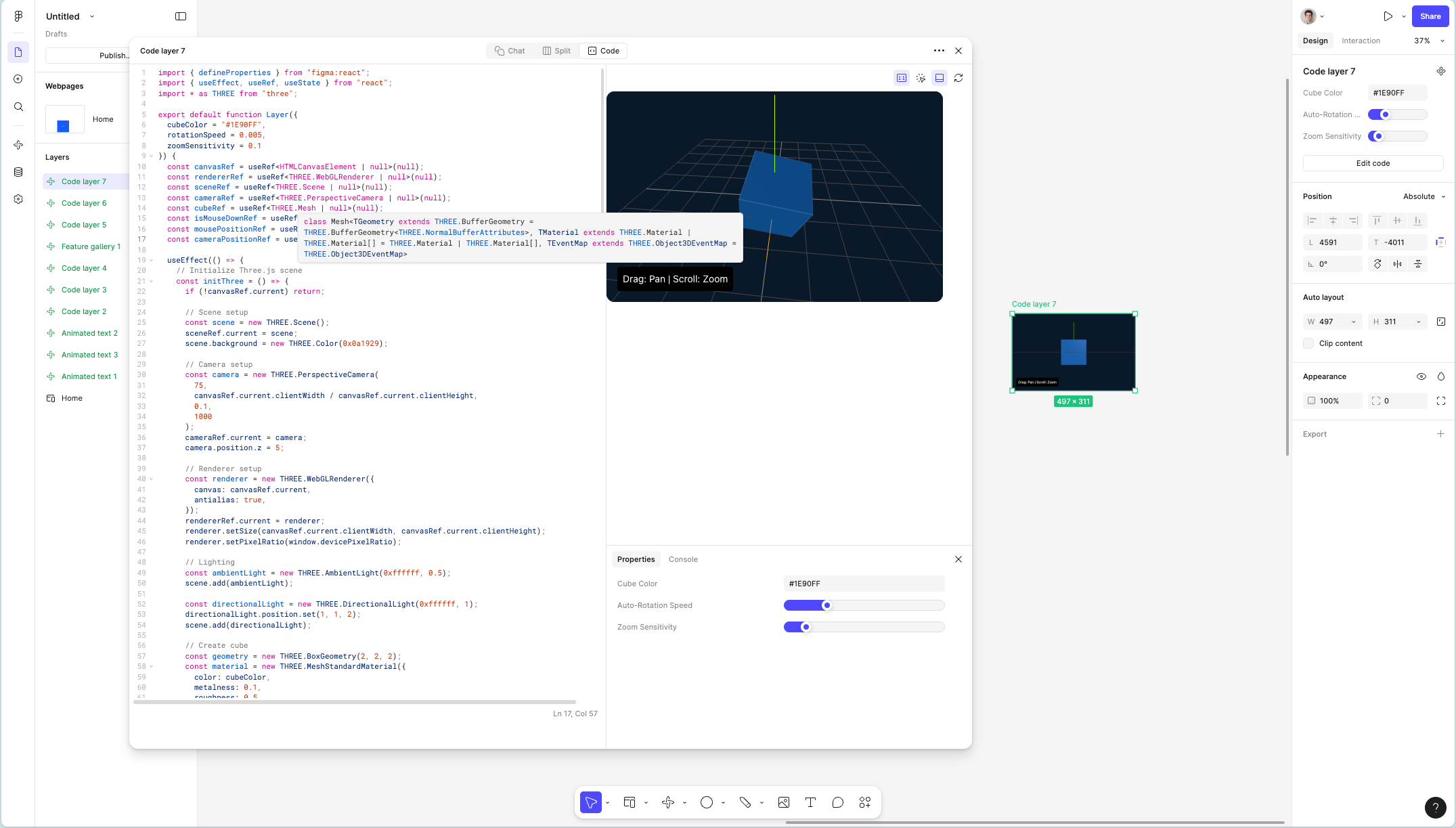 A Figma design interface showing a Three.js code editor with a 3D blue cube rendered on a dark grid background.