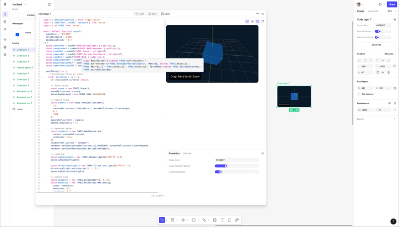 A Figma design interface showing a Three.js code editor with a 3D blue cube rendered on a dark grid background.