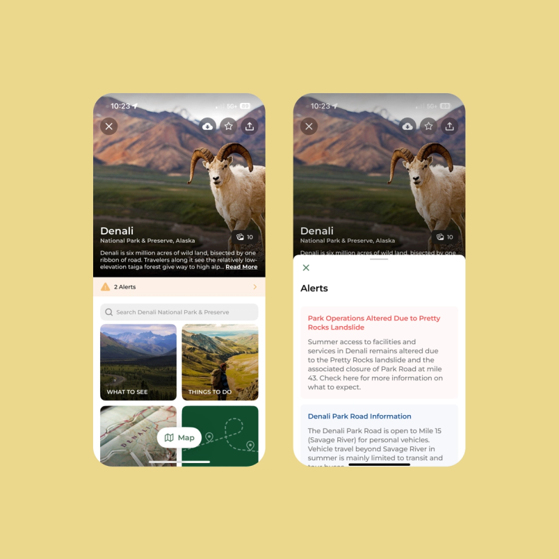 Examples of Alerts UX as a banner on a park page, and as a pop-up window