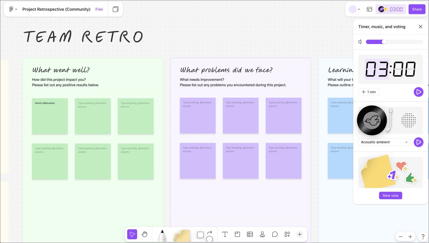  A FigJam board showing a team using a retrospective template on an infinite canvas, featuring sticky notes, comments, and live cursors to illustrate real-time collaborative brainstorming.