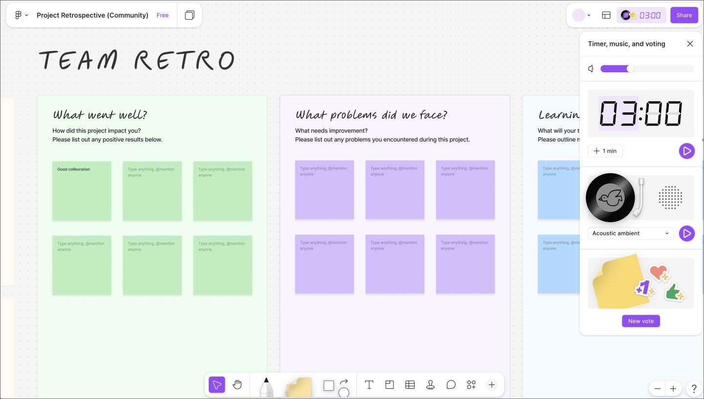 A FigJam board showing a team using a retrospective template on an infinite canvas, featuring sticky notes, comments, and live cursors to illustrate real-time collaborative brainstorming.