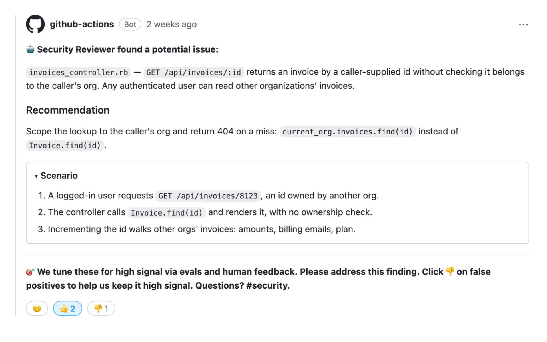 AI security reviewer comment on a GitHub pull request identifying an insecure object reference and recommending scoping invoice lookups to the authenticated user's organization.