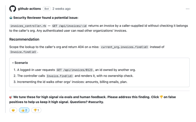 AI security reviewer comment on a GitHub pull request identifying an insecure object reference and recommending scoping invoice lookups to the authenticated user's organization.