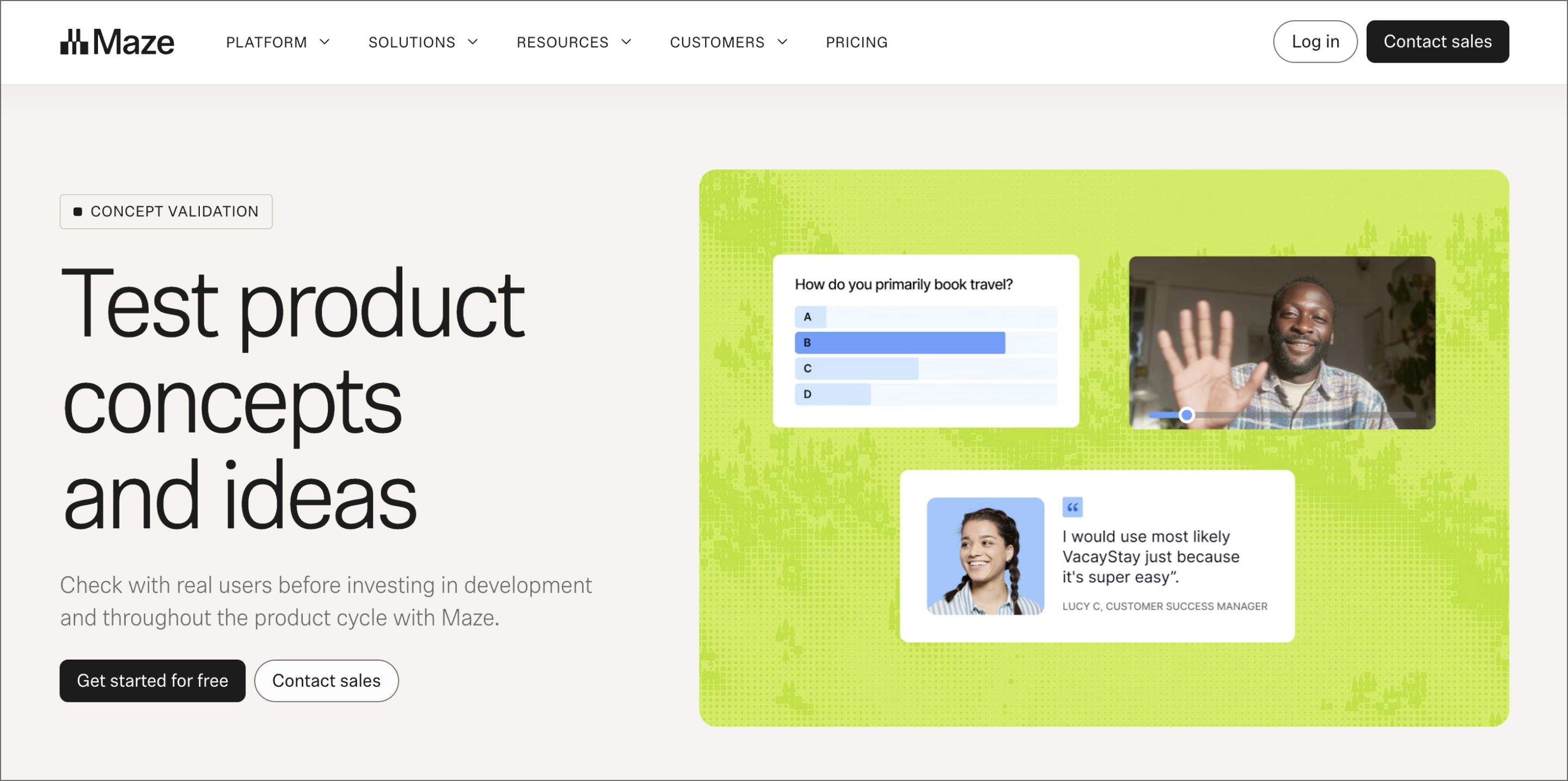 Screenshot of Maze’s website, showing concept validation