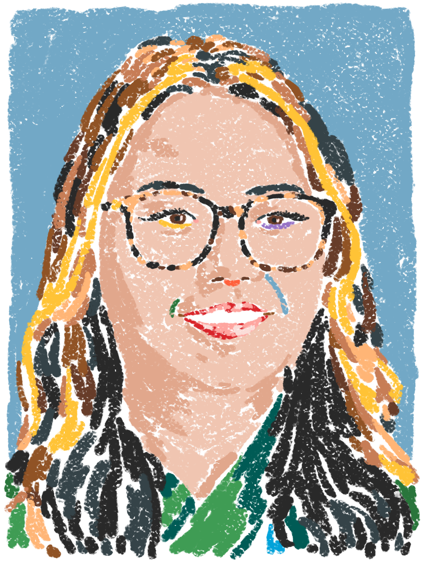 An illustrated portrait of Charmaine Lee shows a smiling woman with long hair and glasses