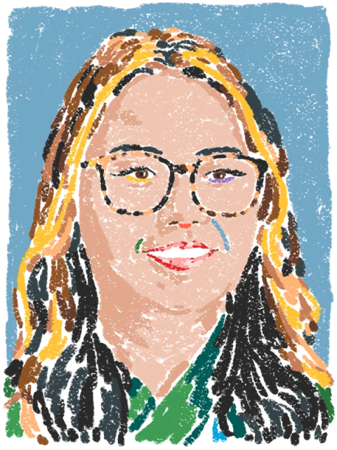 An illustrated portrait of Charmaine Lee shows a smiling woman with long hair and glasses