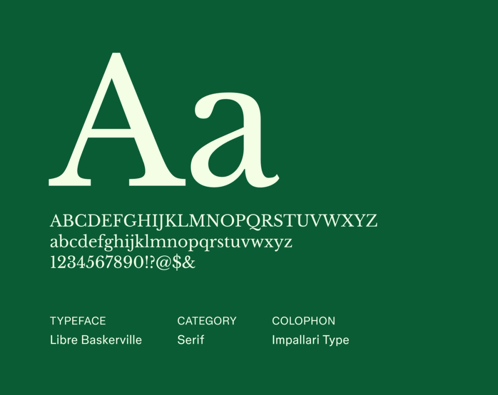 Libre Baskerville sample displaying elegant, wide letterforms with refined serifs and increased legibility on screen.