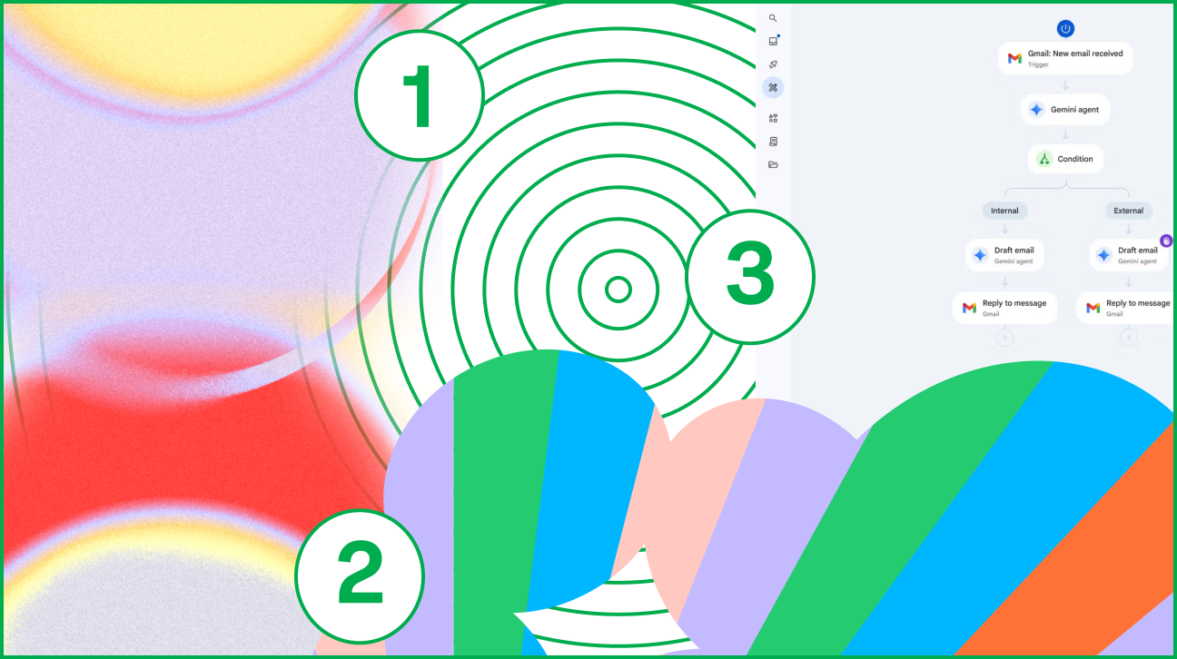 A decorative collage showing colorful graphics and part of the Gemini Enterprise agent builder