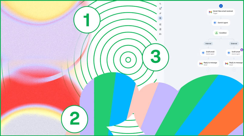 A decorative collage showing colorful graphics and part of the Gemini Enterprise agent builder