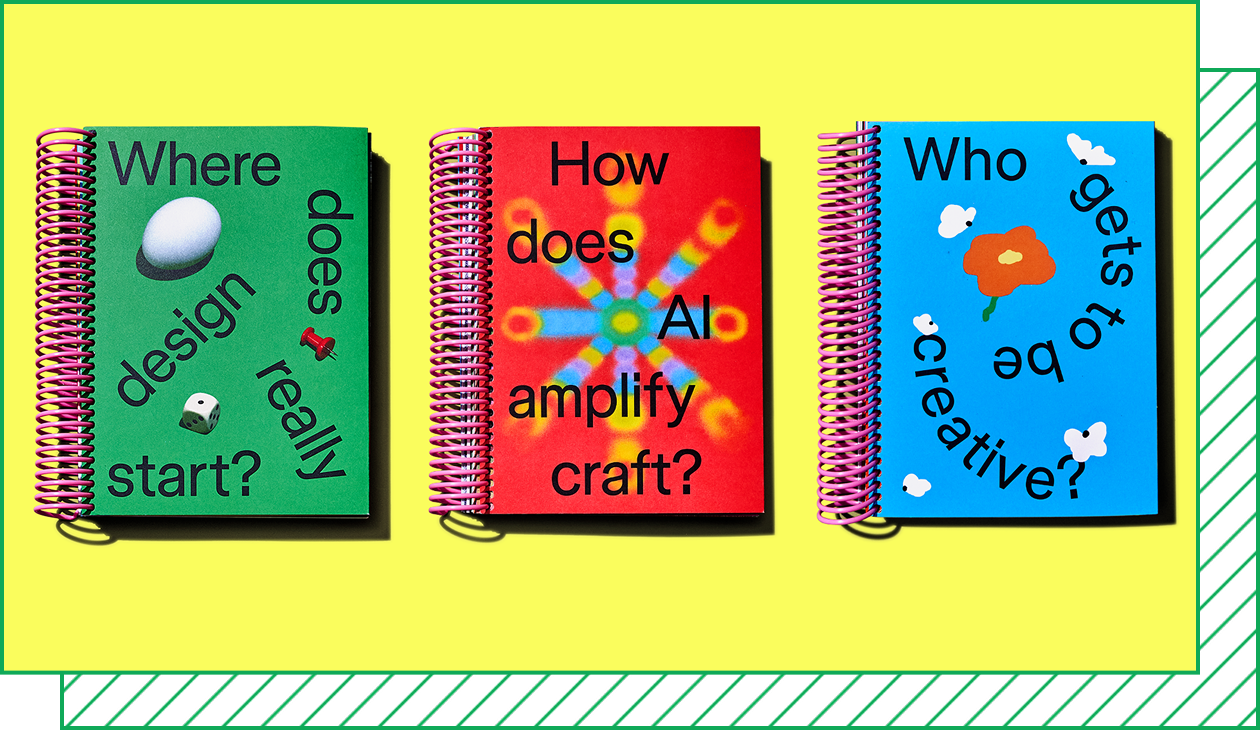 Three versions of a spiral-bound magazine with green, red, and blue covers