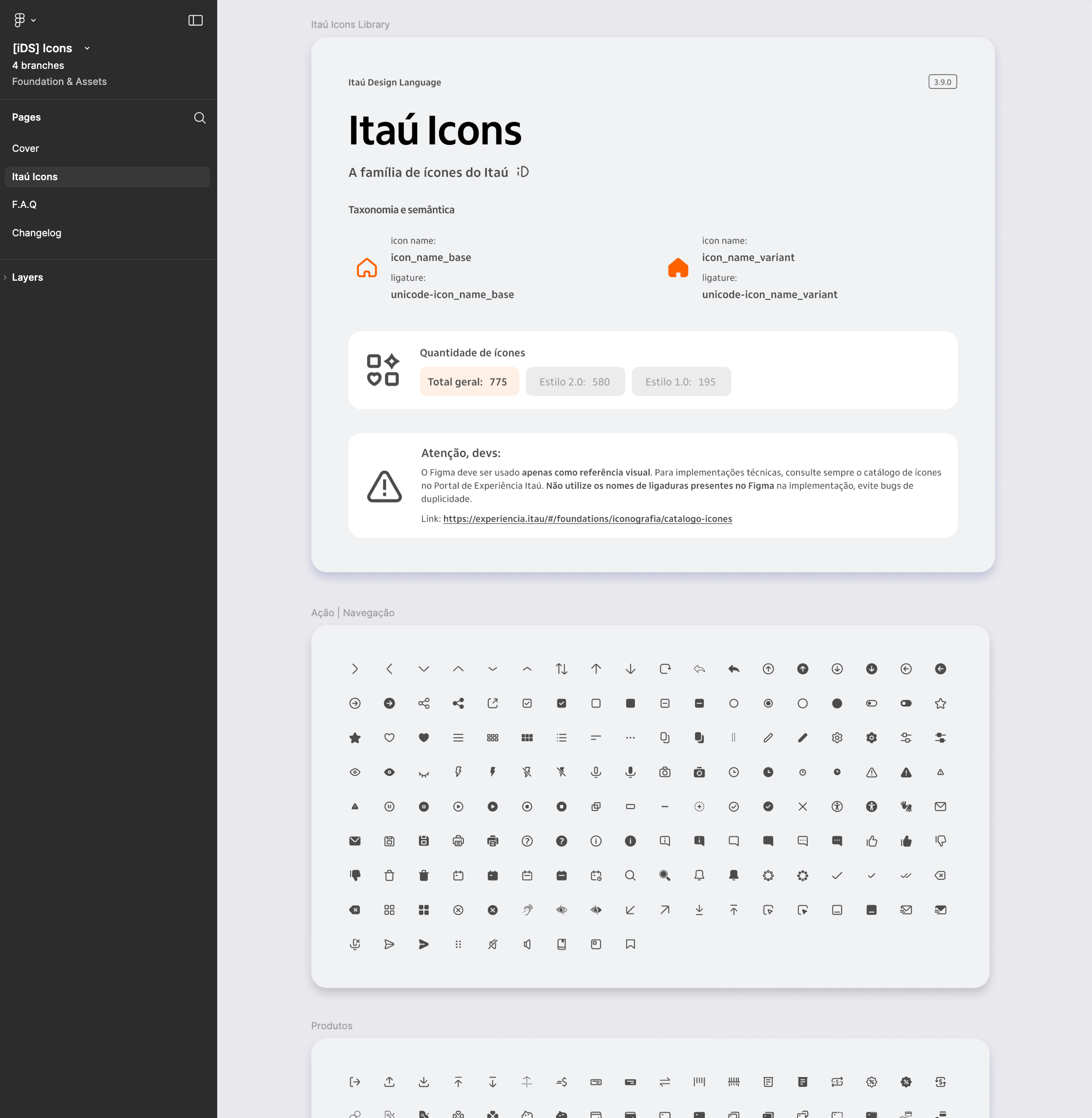 Captura de pantalla de los íconos de Itaú Design Language en Figma