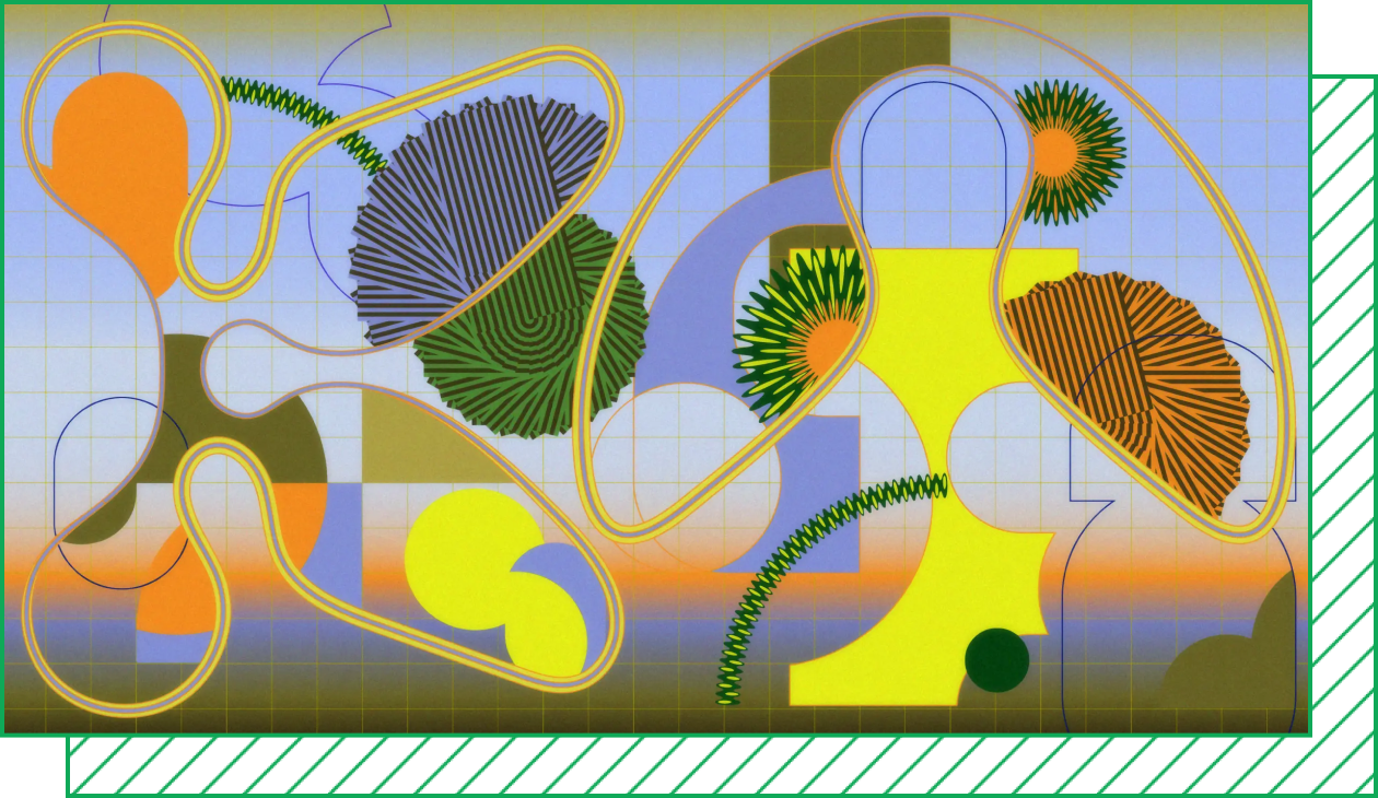 An abstract illustration shows biomorphic shapes overlapping on a gradient, gridded background of blue, orange, and tan.